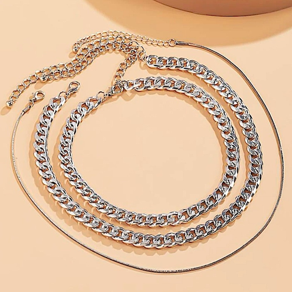 Silver Cuban Chain Link Multilayer Choker Necklace Set - Picture 2 of 4